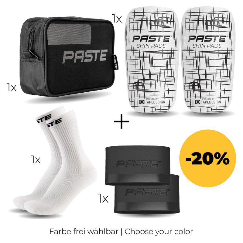 PASTE Set – Performance Socks, Grip Tapes, Schienbeinschoner CUSTOM, Aufbewahrungstasche
