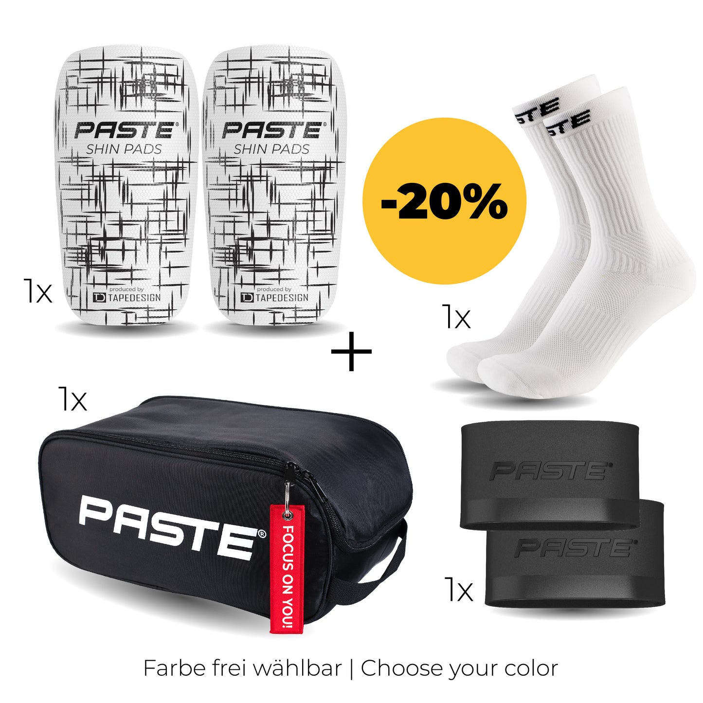 Juego PASTE - Calcetines de alto rendimiento, cintas de agarre, espinilleras, bolsa para calzado