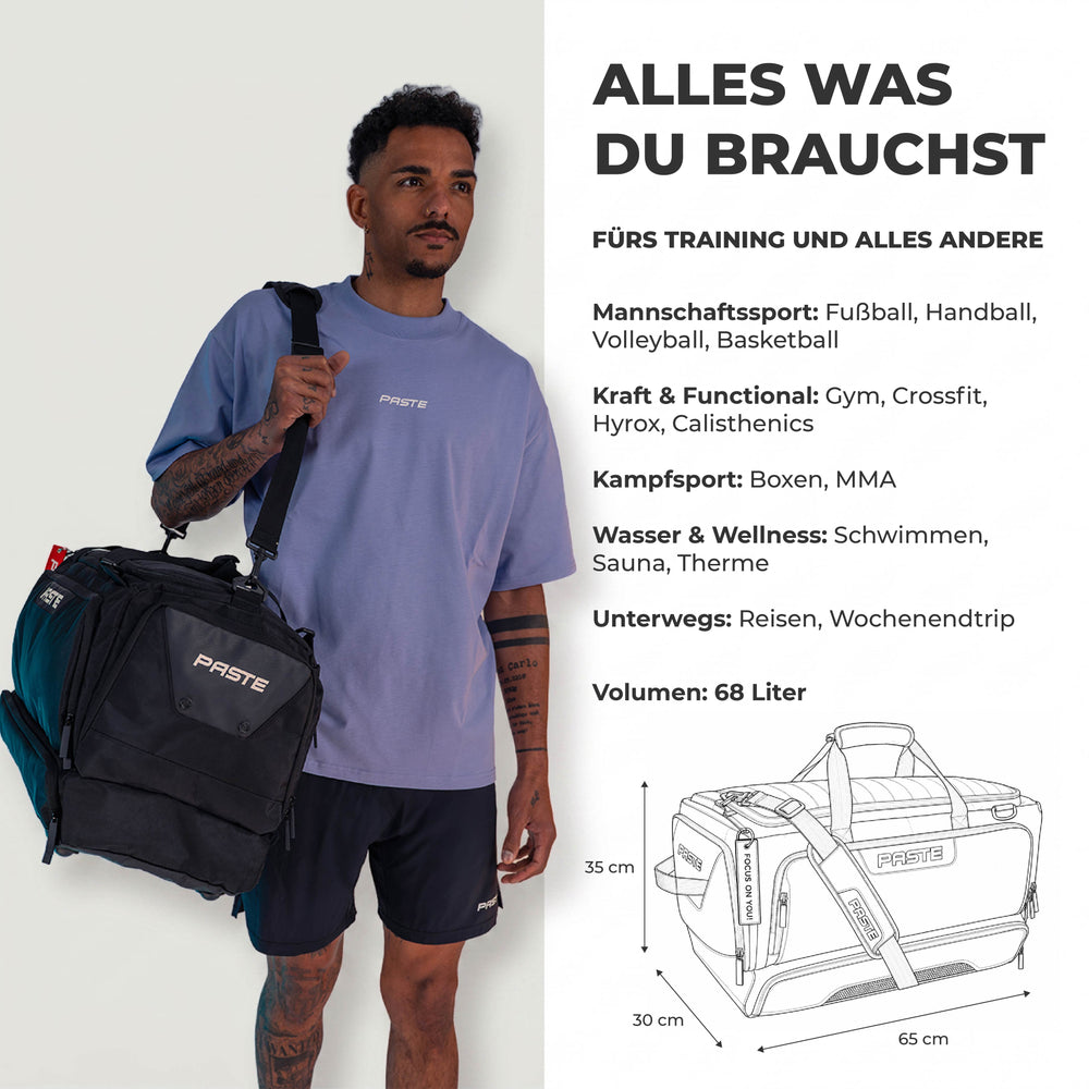 Große PASTE ALL IN PRO Sporttasche mit 68 Liter Volumen für Training, Reisen und Wettkampf, inklusive Maße.