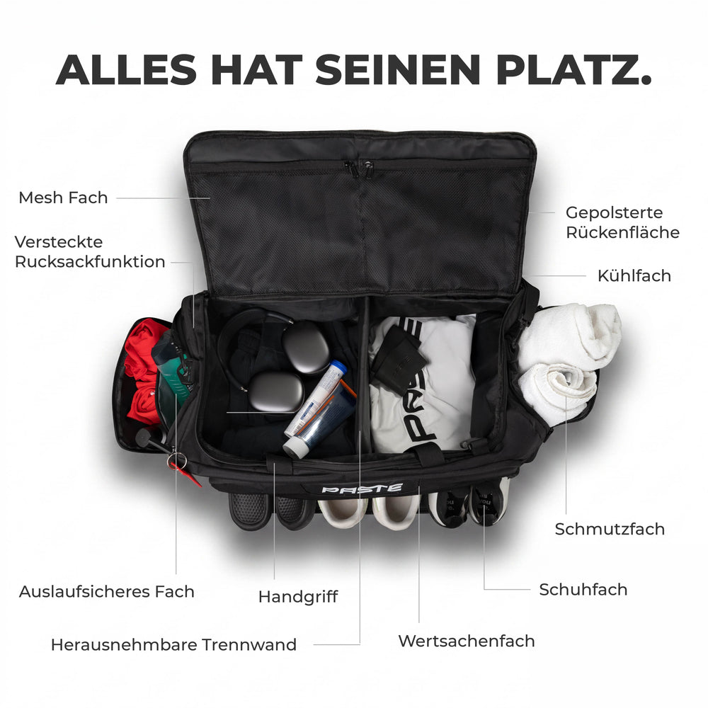 Geöffnete PASTE ALL IN PRO Sporttasche mit vielen Fächern, darunter Schuhfach, Nassfach und Kühlfach für gute Organisation.