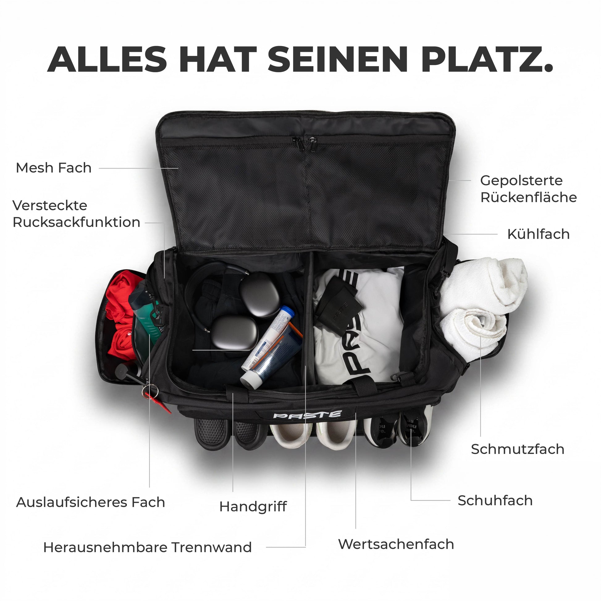 Geöffnete PASTE ALL IN PRO Sporttasche mit vielen Fächern, darunter Schuhfach, Nassfach und Kühlfach für gute Organisation.