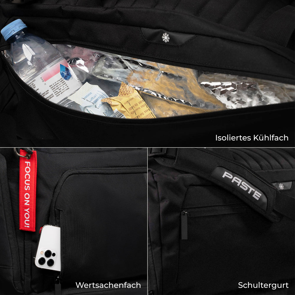 Sporttasche mit Kühlfach: isoliertes Kühlfach, Wertsachenfach und gepolsterter Schultergurt der PASTE ALL IN PRO.