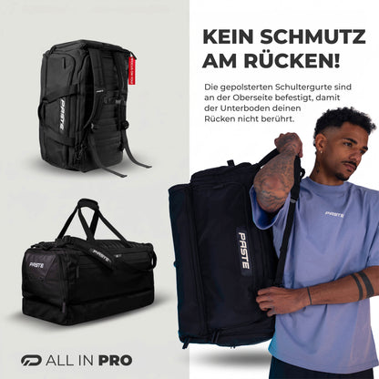 Sporttasche mit Rucksackfunktion: Die PASTE ALL IN PRO wird über die gepolsterten Rucksackgurte an der Oberseite getragen, sodass der Rücken sauber bleibt.
