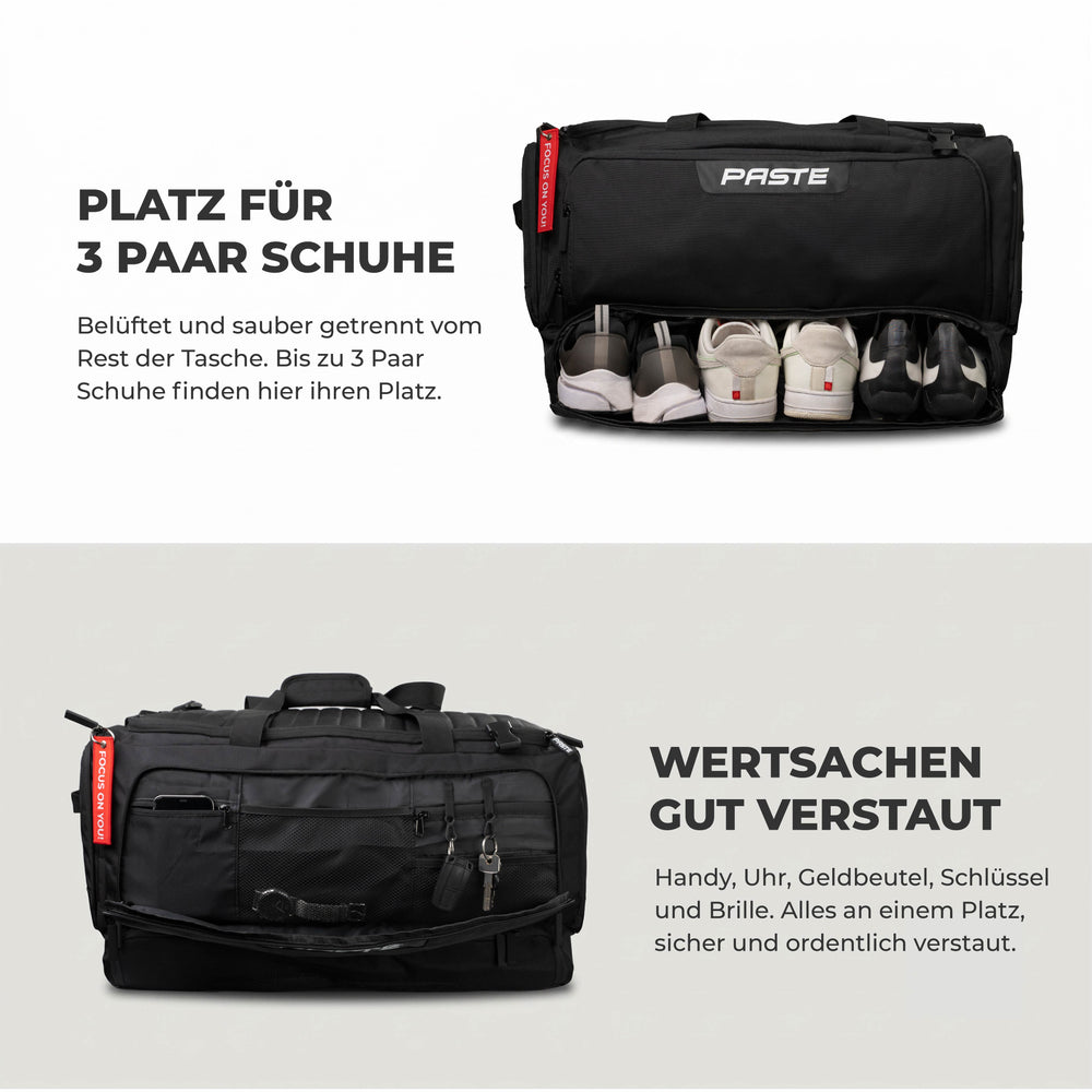 Sporttasche mit Schuhfach: Das belüftete Schuhfach der PASTE ALL IN PRO bietet Platz für bis zu 3 Paar Schuhe, getrennt vom Hauptfach.