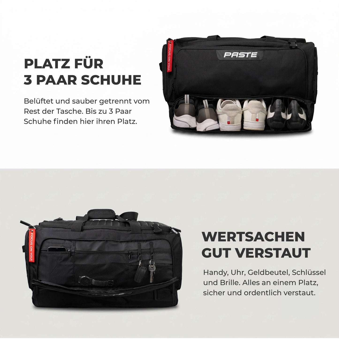Sporttasche mit Schuhfach: Das belüftete Schuhfach der PASTE ALL IN PRO bietet Platz für bis zu 3 Paar Schuhe, getrennt vom Hauptfach.