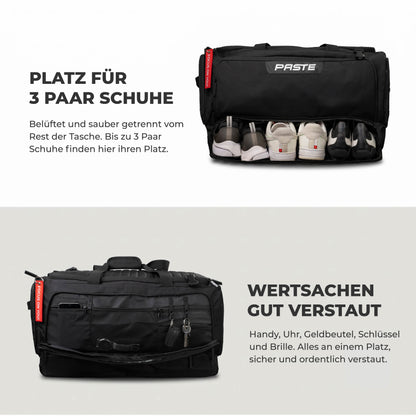 Sporttasche mit Schuhfach: Das belüftete Schuhfach der PASTE ALL IN PRO bietet Platz für bis zu 3 Paar Schuhe, getrennt vom Hauptfach.