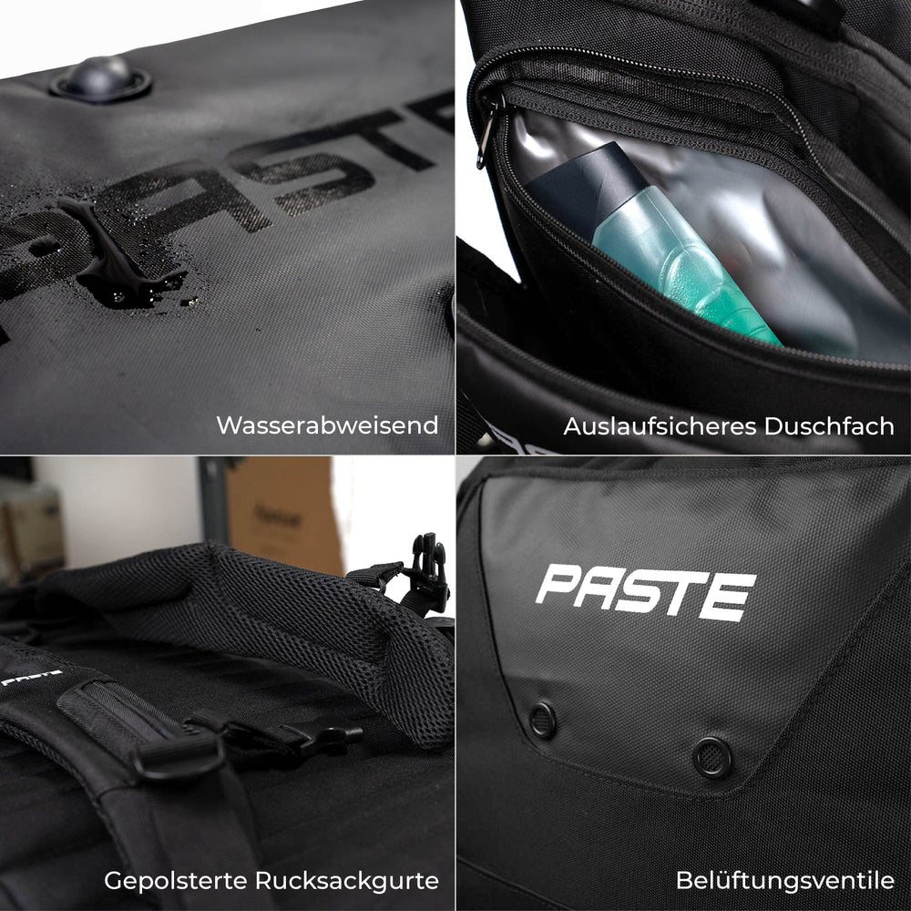 Wasserabweisende PASTE ALL IN PRO Sporttasche mit auslaufsicherem Nassfach, gepolsterten Rucksackgurten und Belüftung.