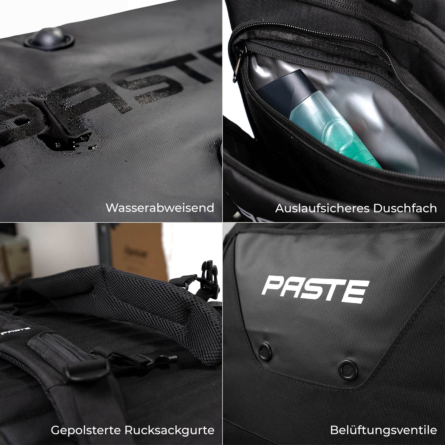 Wasserabweisende PASTE ALL IN PRO Sporttasche mit auslaufsicherem Nassfach, gepolsterten Rucksackgurten und Belüftung.