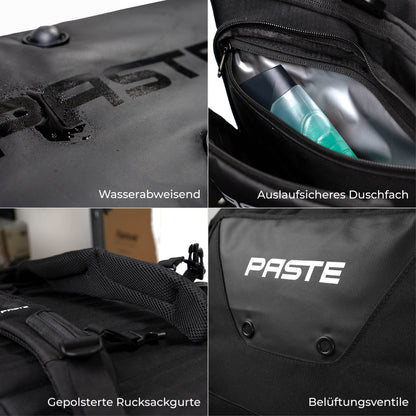 Wasserabweisende PASTE ALL IN PRO Sporttasche mit auslaufsicherem Nassfach, gepolsterten Rucksackgurten und Belüftung.